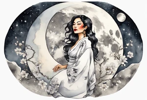 a watercolor of a beautiful 40-year-old latina woman wearing black and white robes standing on the moon tattoo idea