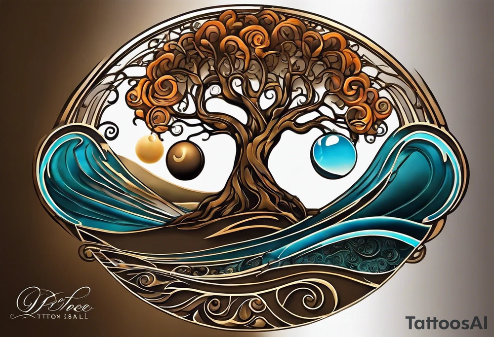 A tattoo design that incorporates the following elements: an abstract tree of life that has roots emerging  from the ground. Waves of water encapsulate the tree and wind around it in an organic way.  Incorporate music.   the letters U and A are overlapping and engraved into the tree. a golf ball incorporated but not prominent. tattoo idea