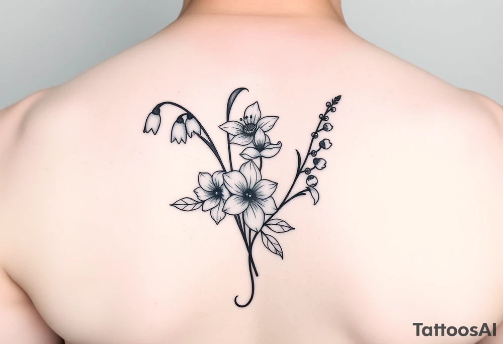 Minimalist design in black bouquet of flowers 1 lily of the valley 1 daffodil 1 holly 1 larkspur tattoo idea