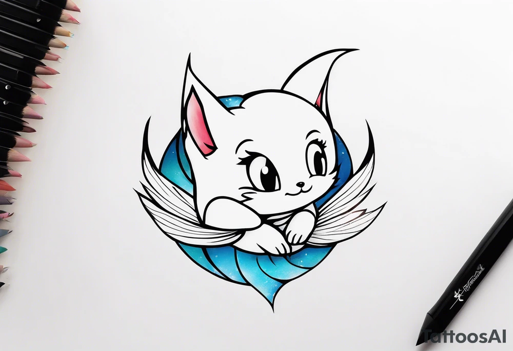 A fairy with a tail inspired by the logo of the show called Fairy Tail in a fetal position tattoo idea