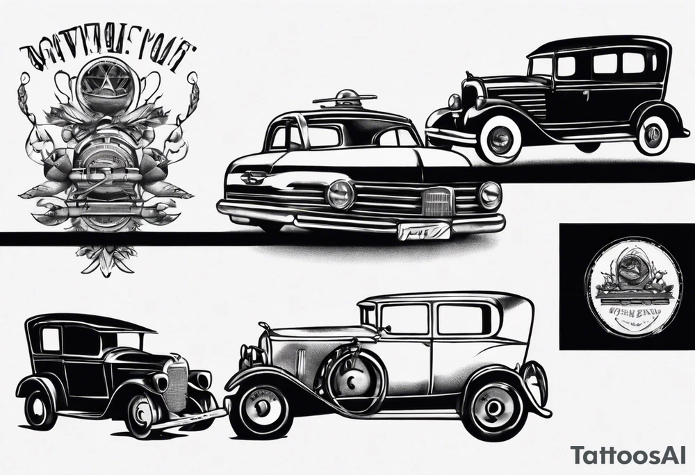 Two old vintage cars facing each other tattoo idea