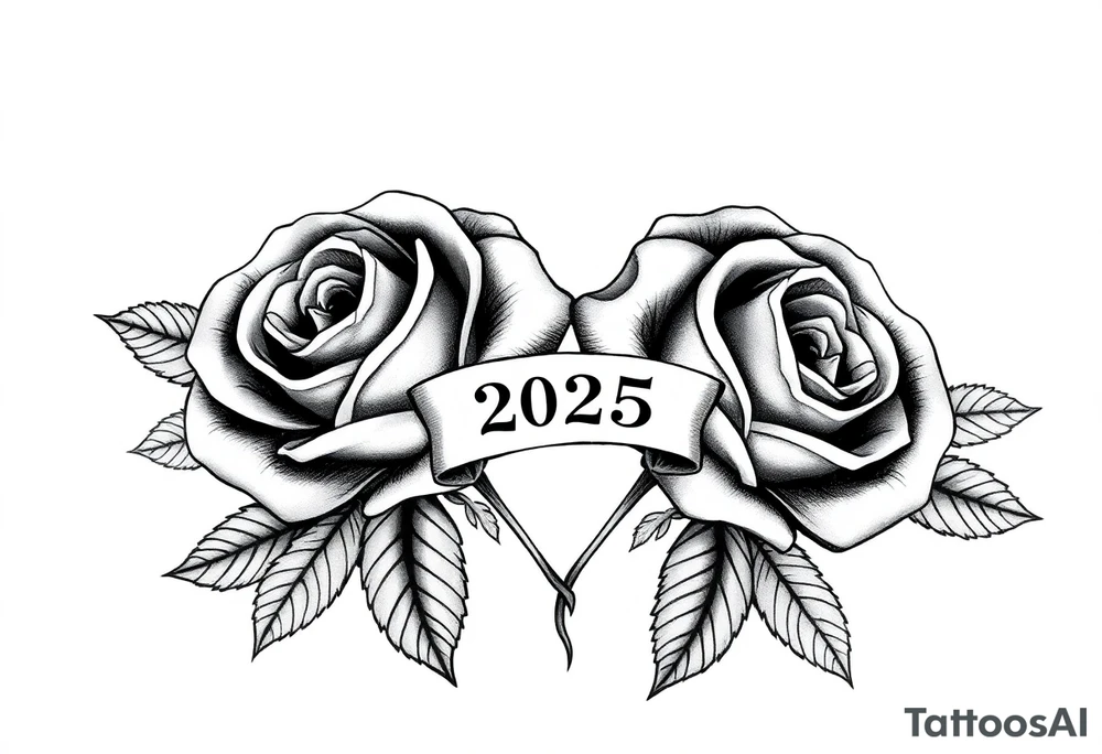 two big beautiful roses with leaves and separated by their intertwined stems, with a small banner with the year "2025" on it, tying them together.  Add the following word "Rose" written in Kanji above the drawing. tattoo idea