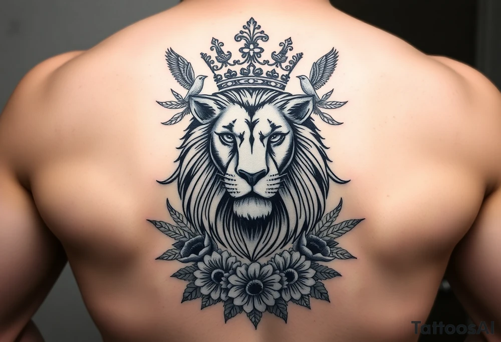 powerful majestic lion with a crown, surrounded by floral ornaments and birds tattoo idea