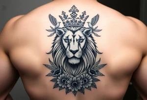 powerful majestic lion with a crown, surrounded by floral ornaments and birds tattoo idea