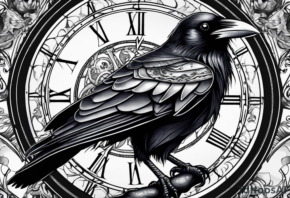 Raven sitting on a clockwork tattoo idea