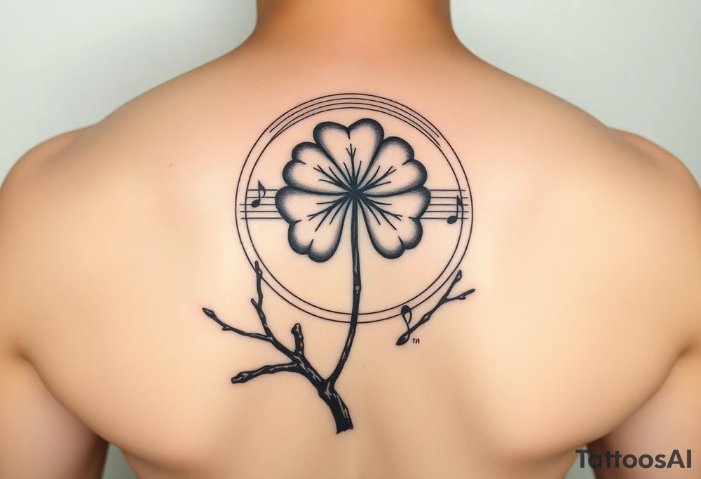 want a medium-sized tree branch as the base. On top of the branch, I want a four-leaf clover that looks like it’s cracking a bit, Around the clover, I want music staff lines forming a neat circle, with little musical notes 🎶 going around it. Then off to the side, I want the quote: ‘Nothing changing, nothing will change. And the picture below I just want the designs with red  and the little dots and little music notes 


•	Tree branch (main shape)
	•	Cracked clover (on top)
	•	Circle of music lines with music notes (around it)
	•	then Quote on the side tattoo idea