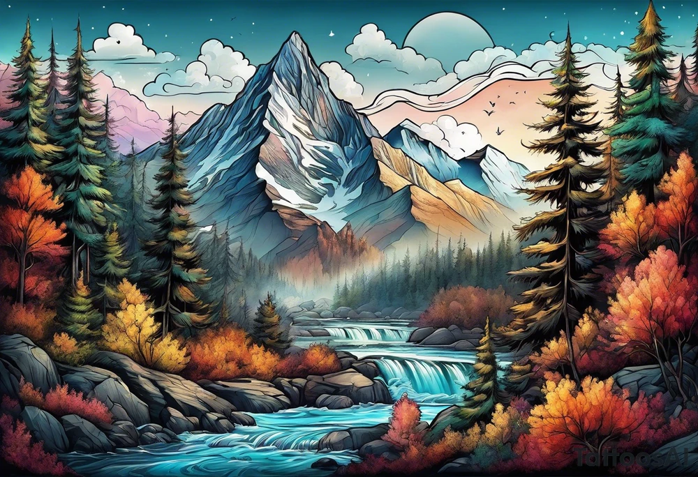 Mountains rivers trees tattoo idea