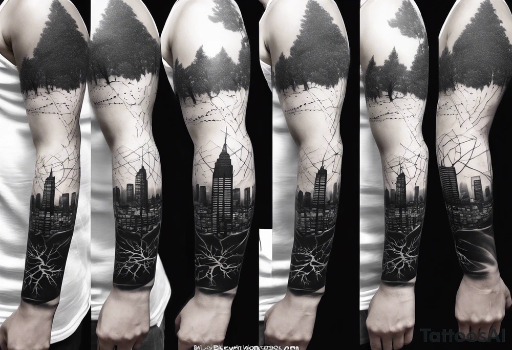 full arm sleeve tattoo a tree that looks like a DNA strand with a city skyline tattoo idea