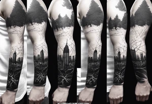 full arm sleeve tattoo a tree that looks like a DNA strand with a city skyline tattoo idea