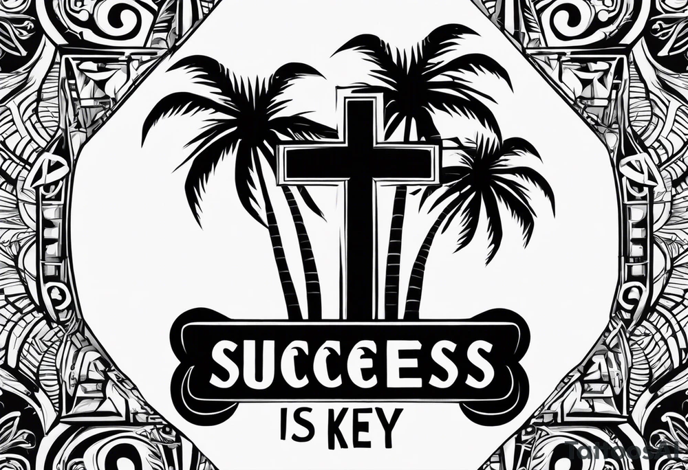 A palm tree with the words success is key with a cross tattoo idea