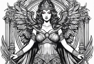 Nemesis, the goddess of justice, standing with sword and scale tattoo idea