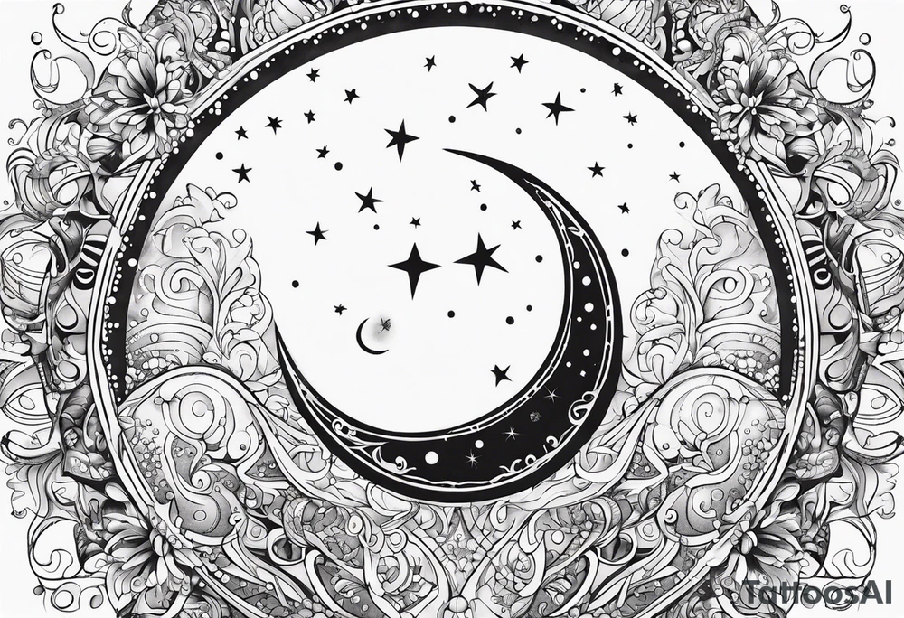Feminine alien Sun and moon. Freeform rectangular sternum swirls with dots and stars tattoo idea