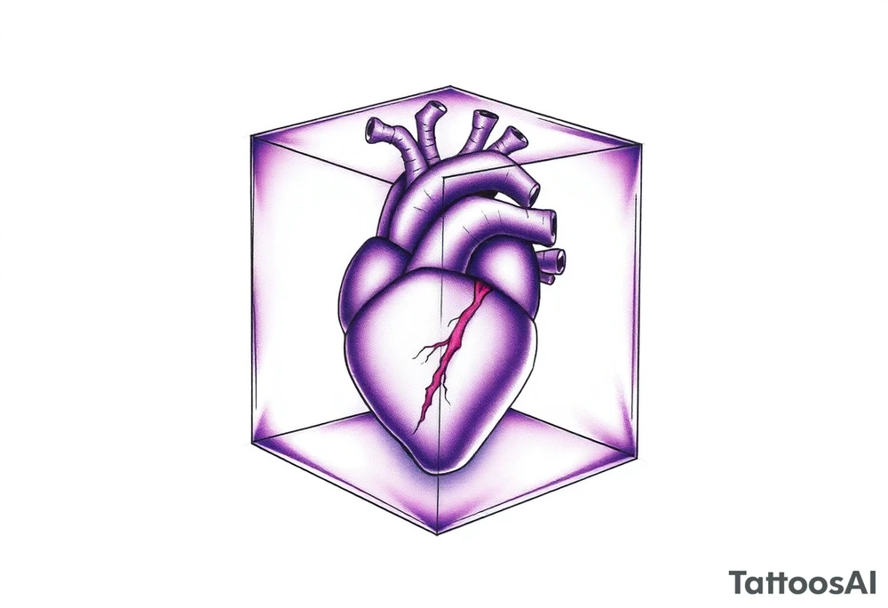 A translucent purple cube with an anatomical heart inside tattoo idea