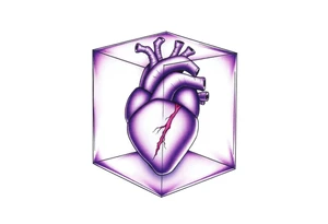 A translucent purple cube with an anatomical heart inside tattoo idea