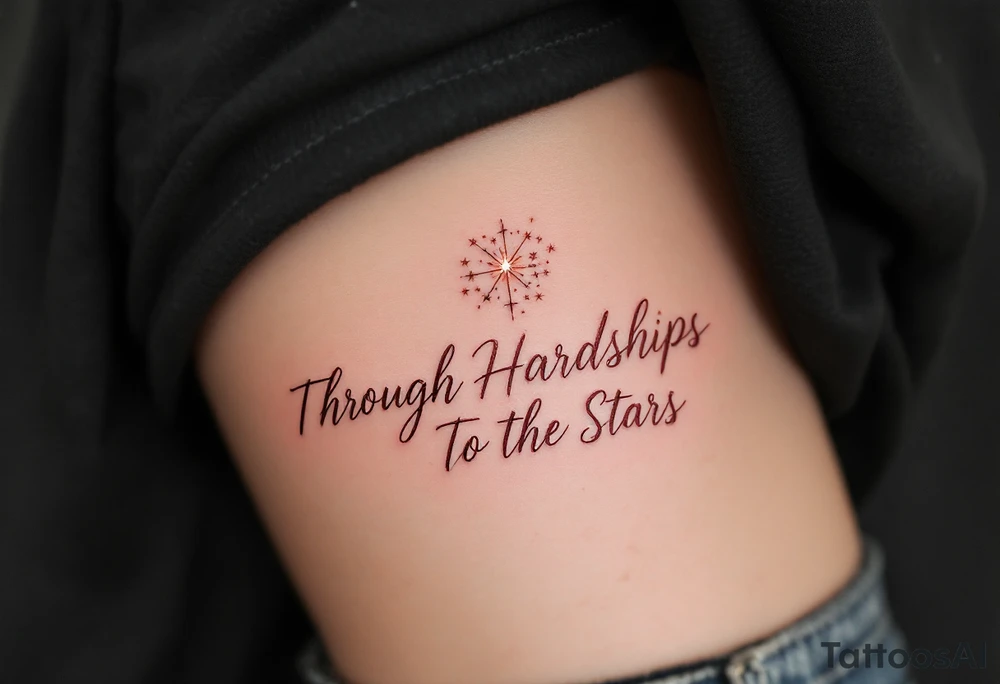 Etched in rose gold ink, the quote “Through Hardships To the Stars” hugs the curve of the ribs beneath a delicate starburst cluster. tattoo idea