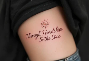 Etched in rose gold ink, the quote “Through Hardships To the Stars” hugs the curve of the ribs beneath a delicate starburst cluster. tattoo idea