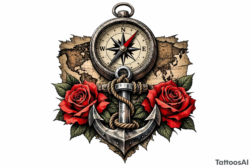 a compass under it an anchor, roses,world map. tattoo idea
