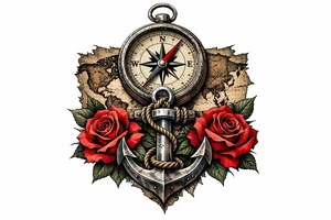 a compass under it an anchor, roses,world map. tattoo idea