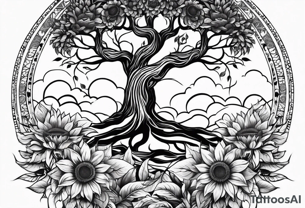 Feminine Yggdrasil tree with two sunflowers tattoo idea