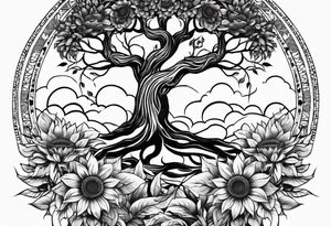 Feminine Yggdrasil tree with two sunflowers tattoo idea