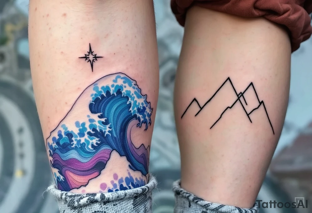 Blue abstract waves for her and bold mountain outlines for him on the calves reflect emotional and physical strength. tattoo idea