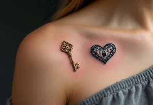 One has a vintage golden key with intricate filigree, and the other a heart-shaped lock in black and gray, matching on wrists or forearms. tattoo idea