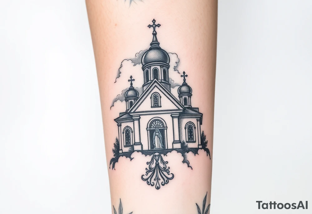 in a dorsal view a orthodox church shrouded with a mist above and fading into a virgin mary overlooking tattoo idea