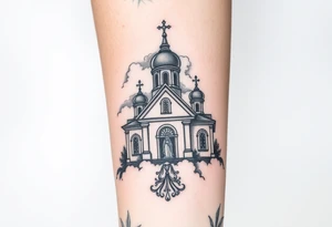in a dorsal view a orthodox church shrouded with a mist above and fading into a virgin mary overlooking tattoo idea