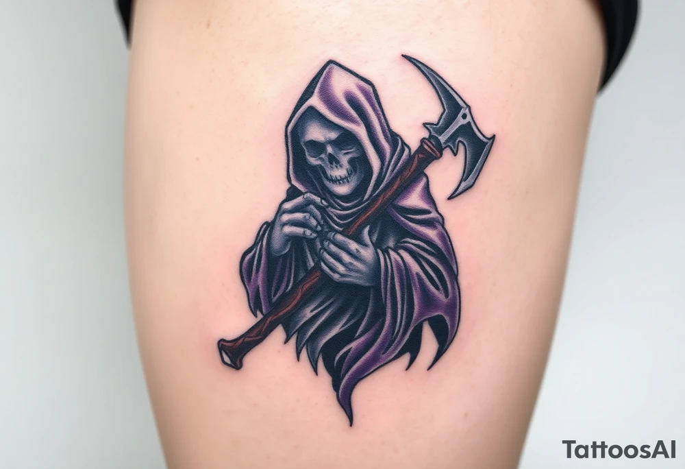 A grim reaper holding a battle axe, with shadows and dark tones of black, deep purple, and grey, representing death and darkness. tattoo idea