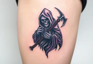 A grim reaper holding a battle axe, with shadows and dark tones of black, deep purple, and grey, representing death and darkness. tattoo idea