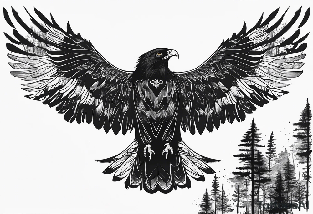 Full back tattoo ancient pine Forrest and giant black eagle tattoo idea Full back tattoo ancient pine Forrest and giant black eagle tattoo idea