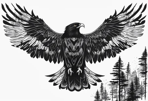 Full back tattoo ancient pine Forrest and giant black eagle tattoo idea