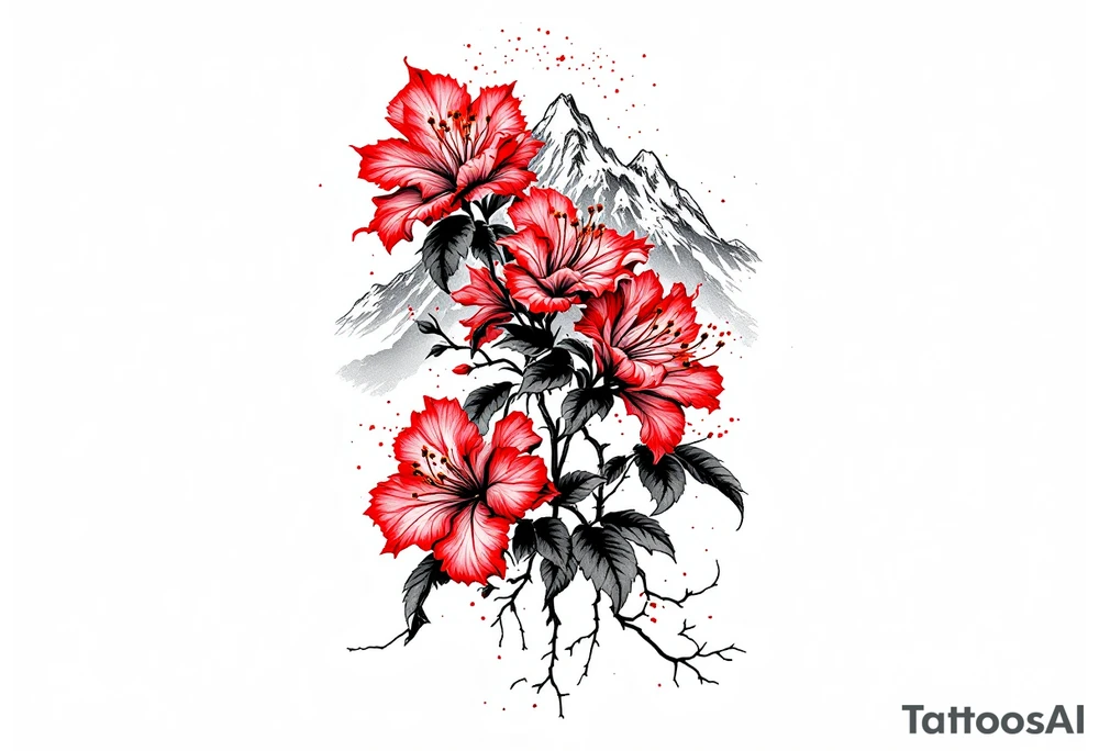 vertical wrist size red  and black rhododendron trippy with Himalayas behind tattoo idea