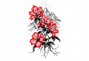 vertical wrist size red  and black rhododendron trippy with Himalayas behind tattoo idea