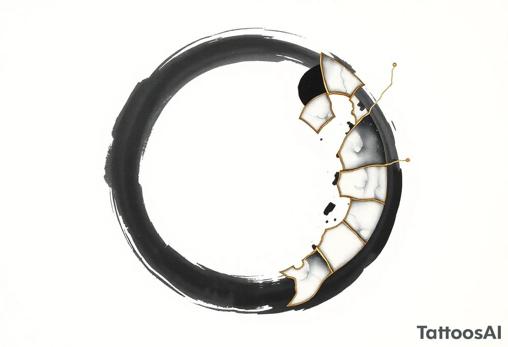 A Japanese‑inspired tattoo of a thick Zen ensō circle, drawn with a bold, hand‑painted black ink brushstroke. The circle is imperfect and organic, with visible texture and subtle variation in line thickness. About the last quarter of the circle, near the top‑right, transforms into a cracked ceramic segment that has been repaired using kintsugi: visible broken pieces outlined and joined by thin, flowing gold lines. There should be a couple big pieces rather than lots of small ones. The circle and the ceramic part should have the same thickness. The gold seams follow the natural fractures of the ceramic section, creating several branching cracks rather than a single line, clearly distinguishing this repaired portion from the rest of the smooth ink circle. The transition from ink to ceramic should feel natural, as if the painted circle solidifies into a fragile object that has been lovingly mended. Keep the interior of the circle empty, with a clean white background and no extra symbols or text. Design it as a black and gray tattoo with a subtle metallic gold effect on the kintsugi seams, suitable for a medium‑sized placement on the back of the bicep. tattoo idea