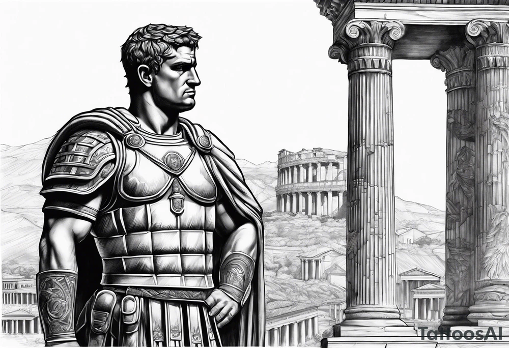 large Roman solider looking at distant pillars tattoo idea