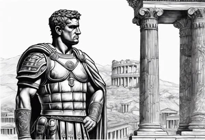 large Roman solider looking at distant pillars tattoo idea