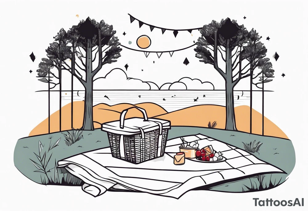 super minimalstic picnic scene. A blanket, picnic-basket with lid, pennants in two trees. Thin lines. tattoo idea