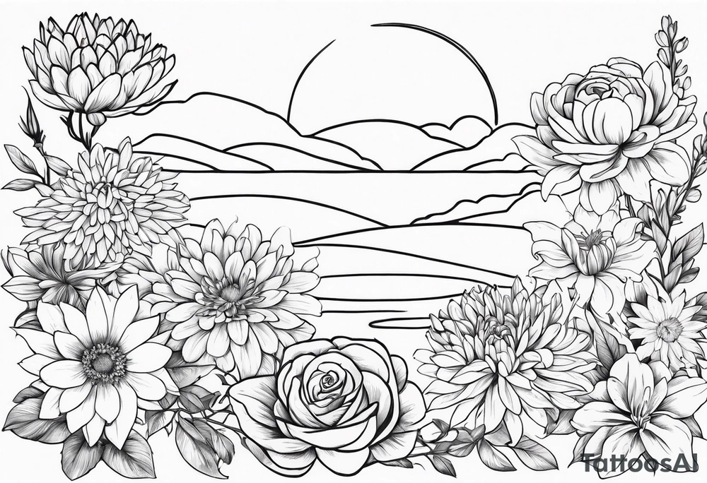 Asters, roses, Lillies, chrysanthemums in a long line tattoo idea