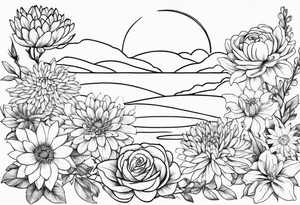 Asters, roses, Lillies, chrysanthemums in a long line tattoo idea