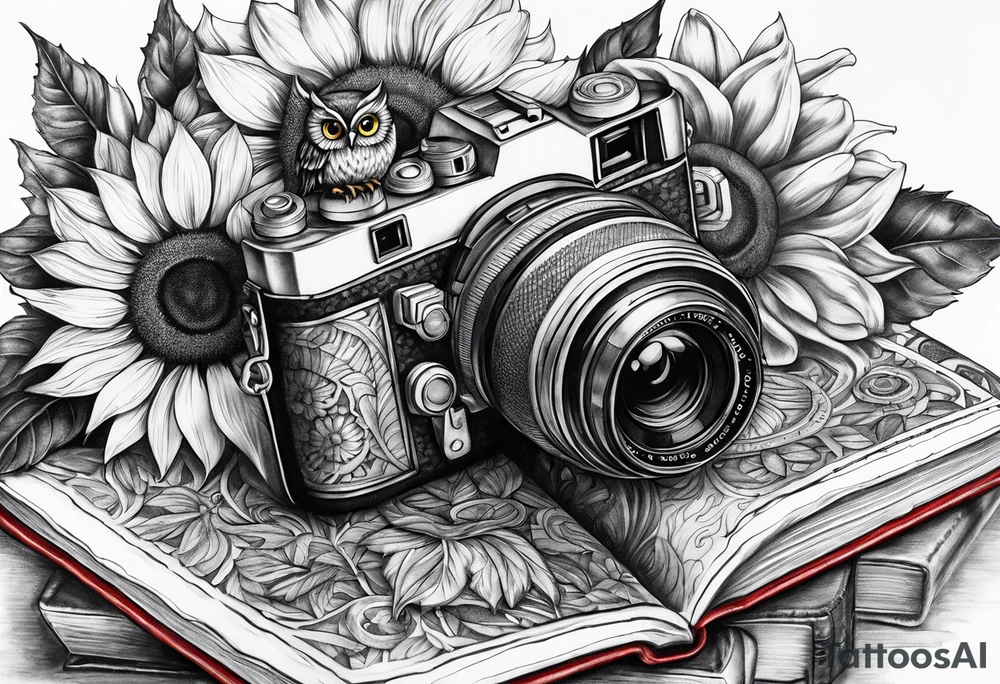 Sunflower, camera, book, owl tattoo idea