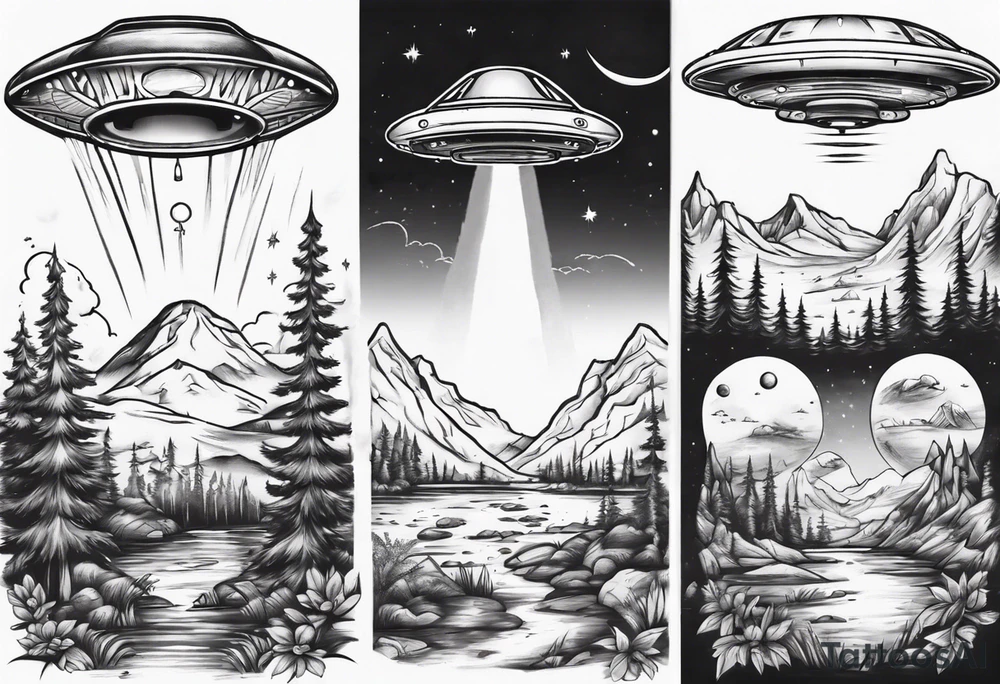 UFO hidden in beautiful landscape tattoo idea