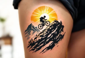 A silhouette of a cyclist riding up a steep mountain, with golden sun rays breaking through the clouds, capturing the essence of perseverance. tattoo idea