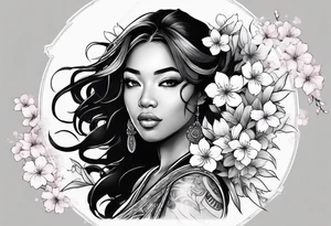 Black Female with name Nisha and sakura blossoms around her tattoo idea