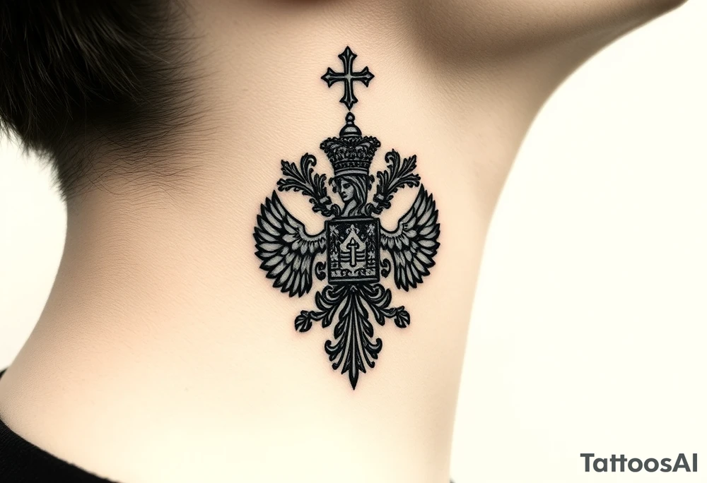 russian coat arms in a russian christian orthodox cross style virgin mary & orthodox dome church on the side of the neck tattoo idea