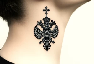 russian coat arms in a russian christian orthodox cross style virgin mary & orthodox dome church on the side of the neck tattoo idea