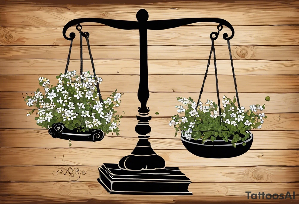 I need you to draw me a old libra scale out of tattered wood. The ends of the cross of wood need to be  broken. I need the bottom to look tattered possible cracks and holes  in wood of scale. I need vines with little white flowers wrapped all the way up the scale across the wood beam. And I want the scale bowls need to be attached by the vines. And I want the two weights of the scale to be wooden as well. They also need to look tattered. The weights need to be fastened on by the vines. I need to make it look like the ends of the vines on both scales is just loosely. I need to incorporate pieces koi fish in beautiful blues greens, and pinks.The fish need to be one on each scale balancing the scale and the tail of the left on, pointing down. the beautiful fish tail fins needs to be covering part of the tattered piece and the fish on the rights tail will be facing unpard with the fin of beauty starting to court the same pic tattoo idea