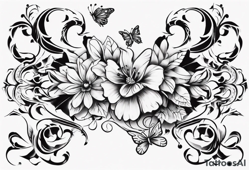 Ankle bracelet tattoo with ornamental style flowers and butterflies and larger in the centre tattoo idea