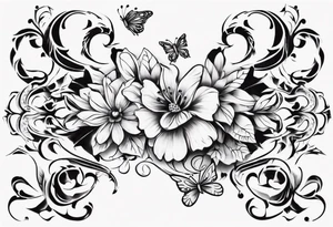 Ankle bracelet tattoo with ornamental style flowers and butterflies and larger in the centre tattoo idea