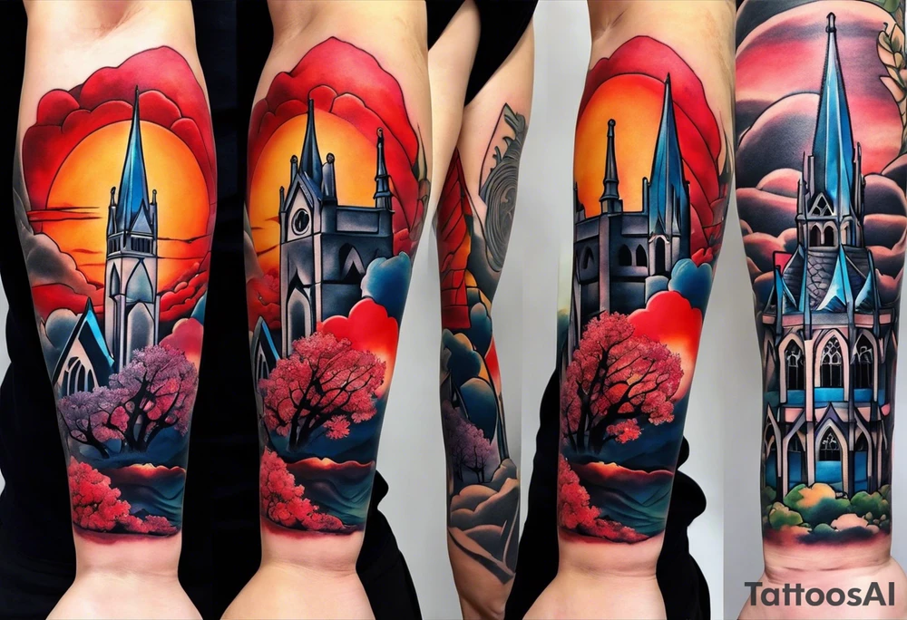 Full arm sleeve with multiple elements blended together. I want the Duke university chapel , cherry tree elements , red clouds from akatski , naruto or sauske , Atl skyline and captain C add in a ease fan photo of naruto tattoo idea